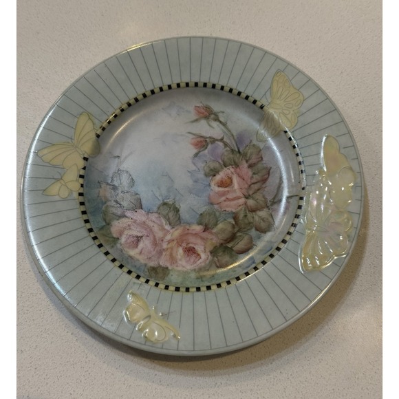 Vtg Linea Custom Painted Plates Porcelain Floral Butterflies Set Of Two 7.75" - Picture 4 of 11